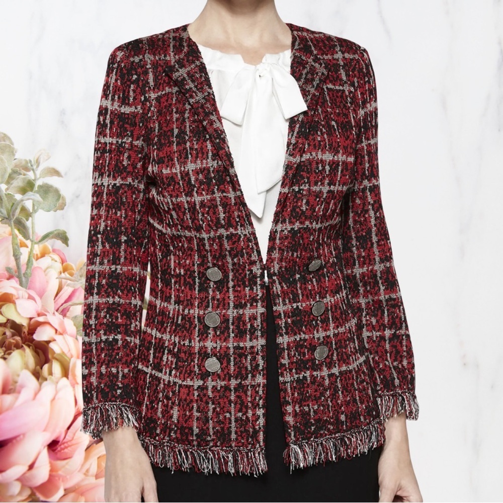 Misook Tweed Textured Plaid Jacket with Fringe Trim - Picture 4 of 12